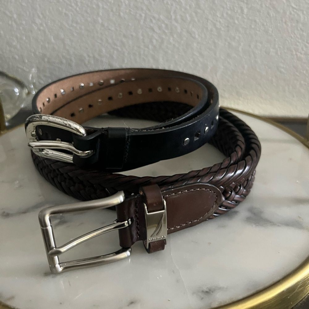Nautica Braided Men’s Genuine Leather Belt Brown Silver Tone 34 & Black Studded